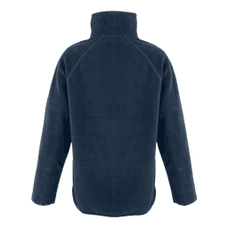 A navy blue quarter-zip fleece top featuring a high collar and a simple design, with a logo on the side.