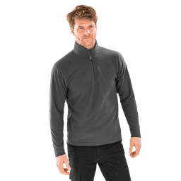A grey quarter-zip fleece top for adults, featuring a high collar and a logo on the chest.