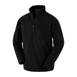 A black quarter-zip fleece top made from recycled PET, featuring long sleeves and a logo.