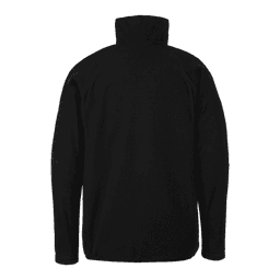 A black quarter-zip fleece top featuring a high collar and a logo on the back.
