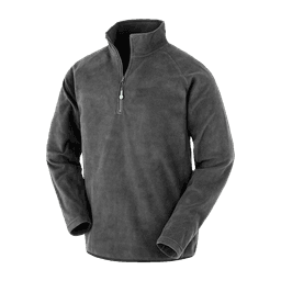 A dark grey quarter-zip fleece top made from recycled PET material, featuring long sleeves and a high collar, with a branding logo.