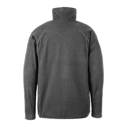 A dark grey quarter-zip fleece jumper with a high collar and a logo on the back.
