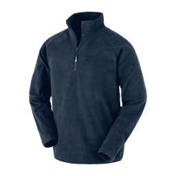 A navy blue quarter zip fleece top made from recycled PET with a logo on the chest.