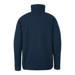 A navy blue quarter-zip fleece top with a high collar, featuring a logo on the back.