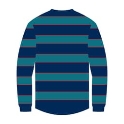 A rugby jacket shell featuring long sleeves with navy, teal, and red horizontal stripes. It includes a logo.