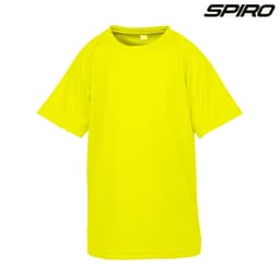 A bright yellow Youth Impact Performance Aircool T-Shirt featuring a logo, with a relaxed fit and short sleeves.