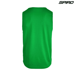 A green singlet with a smooth fabric texture, featuring a logo on the top right corner.