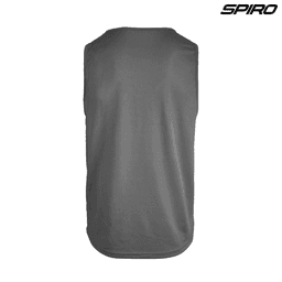 A grey performance singlet with a seamless back design, featuring a logo on the upper right corner.