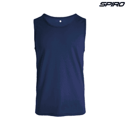 A navy blue singlet featuring a round neckline and a logo at the top. Designed for active wear.