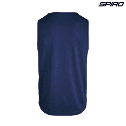 A performance singlet in navy blue with a rounded hem and a logo at the top right corner.