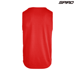 A red youth singlet with a rounded hem and a logo at the top. Simple design and lightweight fabric.