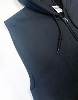 A black sleeveless hoodie with a front zipper and a hood, featuring drawstring closures.