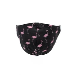 A black face mask featuring a pink flamingo pattern, made from 100% cotton with a label attached.