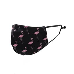 A black face mask with a pink flamingo pattern and adjustable ear straps.