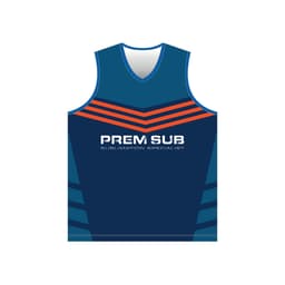 A sleeveless sports singlet in navy blue with orange stripes and a logo featuring the words "Prem Sub".