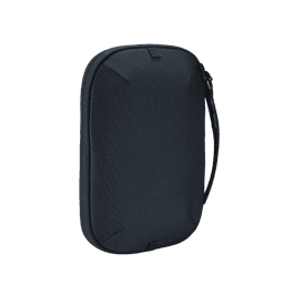 A dark blue electronics organiser with a sleek design and a wrist strap for easy carrying. It features a logo.