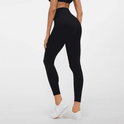 High-rise black training tights with a fitted silhouette and branding, paired with white footwear.