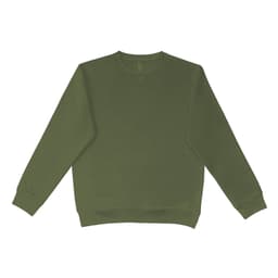 An olive green crewneck jumper with a relaxed fit and long sleeves. It features a simple design and has a logo.