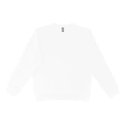 A white crewneck sweater with long sleeves and a simple design, featuring a logo on the label.
