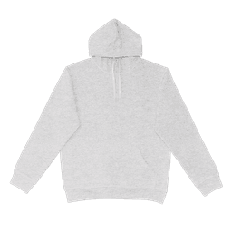 A grey hoodie featuring a kangaroo pocket and a hood, showcasing a simple design with a branded logo.
