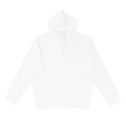 A white hoodie with a attached hood and front pocket, featuring a logo.