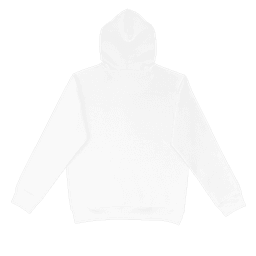 A white hoodie with a hood and long sleeves, featuring a simple design and a small logo on the front.