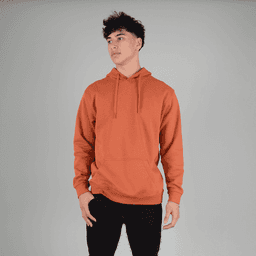 An orange hoodie with a front pocket and a hood, worn by a model against a neutral background.