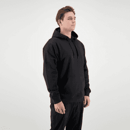 A black hoodie with a front pocket and a hood, featuring a logo on the chest.