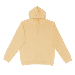 A yellow hoodie with a hood and kangaroo pouch pocket, featuring a logo on the front.