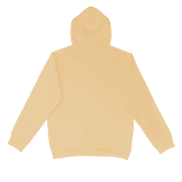 A yellow hoodie with a hood, featuring a logo on the back and long sleeves.