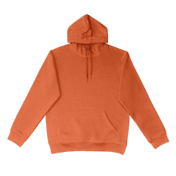 An orange hoodie with a front pocket and a drawstring hood, featuring a logo on the front.