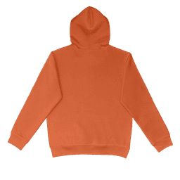 An orange hoodie featuring a hood and long sleeves, with a plain back and a logo.
