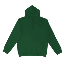 A green hoodie with a front pocket and an attached hood, featuring a branding logo.