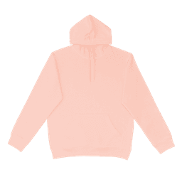 A peach-coloured hoodie with a kangaroo pocket and a hood, featuring a logo on the front.