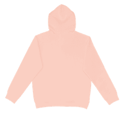 A peach hoodie with a kangaroo pocket and a hood, featuring a branding logo on the design.