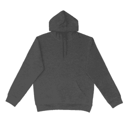 A dark grey hoodie with a front pocket and a hood. The garment has a simple design and includes a logo.