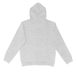 A grey hoodie with a drawstring hood and a kangaroo pocket at the front. The back is plain and features a logo.