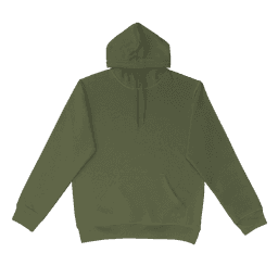 An olive green hoodie with a front pocket and drawstring hood, featuring a logo on the front.