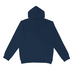 A navy blue hoodie with a large front pocket and a drawstring hood. The design features a logo.