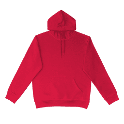 A red hoodie featuring a front pocket and a hood, with a logo on the front.