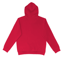 A red hoodie featuring a back view, with a hood and long sleeves. Includes a logo.