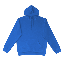 A bright blue hoodie featuring a front pocket and a hood, with a logo on the front.