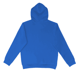 A blue hoodie with a hood and long sleeves, featuring a logo on the back.