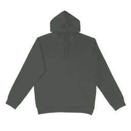 A dark green hoodie featuring a front pocket, drawstrings, and a logo on the chest area.