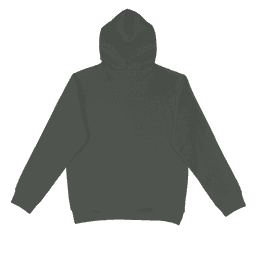 A dark hoodie with a spacious hood and long sleeves, featuring a logo on the back.