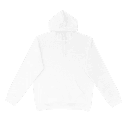 A white hoodie with a front pocket and an adjustable hood, featuring a logo.