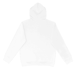 A white hoodie with a hood and long sleeves, featuring a plain back design and a ribbed waistband.