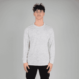 A long sleeve tee in light grey, featuring a simple design and a logo, worn by a model.