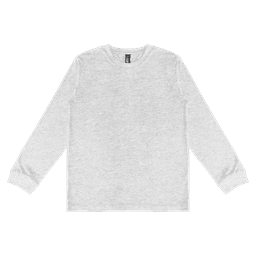 A light grey adult long sleeve tee with a round neckline and a minimal design. It has a logo on the label.