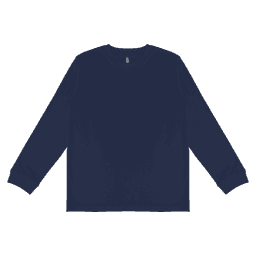 A navy long sleeve tee with a round neckline and ribbed cuffs, featuring a logo on the inside tag.